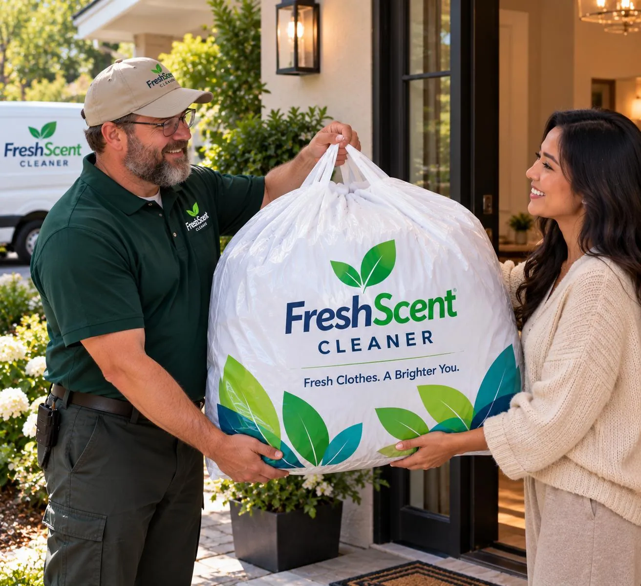 A FreshScent courier handing a customer her freshly cleaned garments in a FreshScent bag