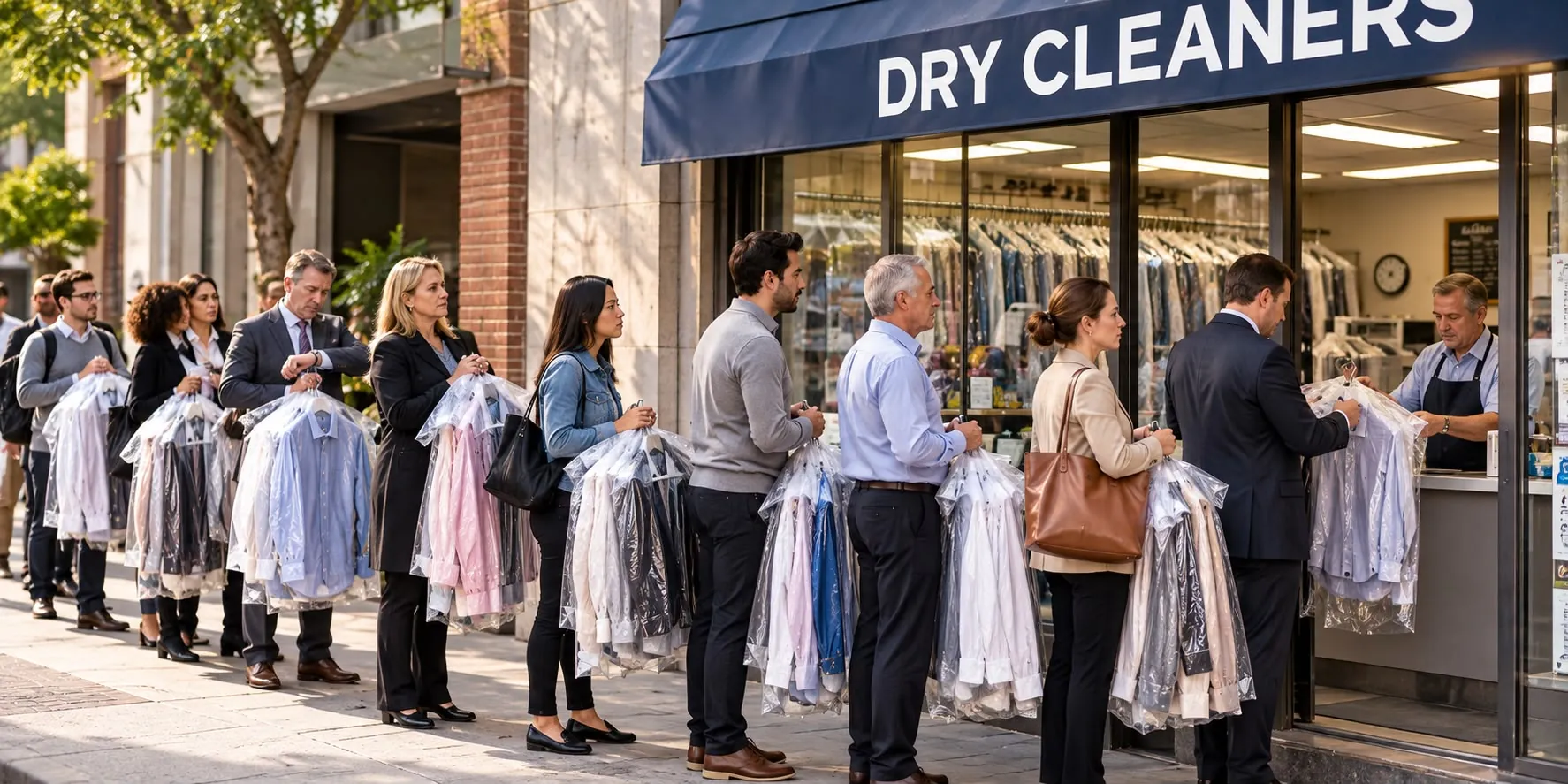 A long line of people holding dry cleaning outside a dry cleaner