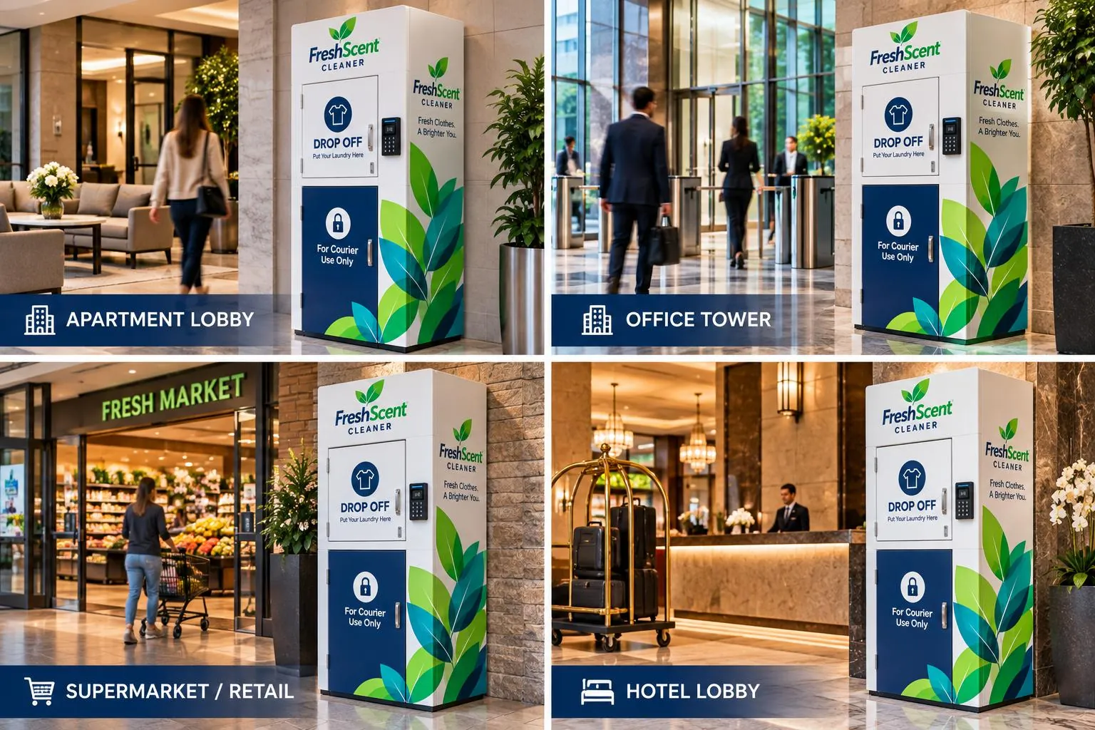FreshScent Boxes placed in an apartment lobby, an office tower, a supermarket and a hotel lobby