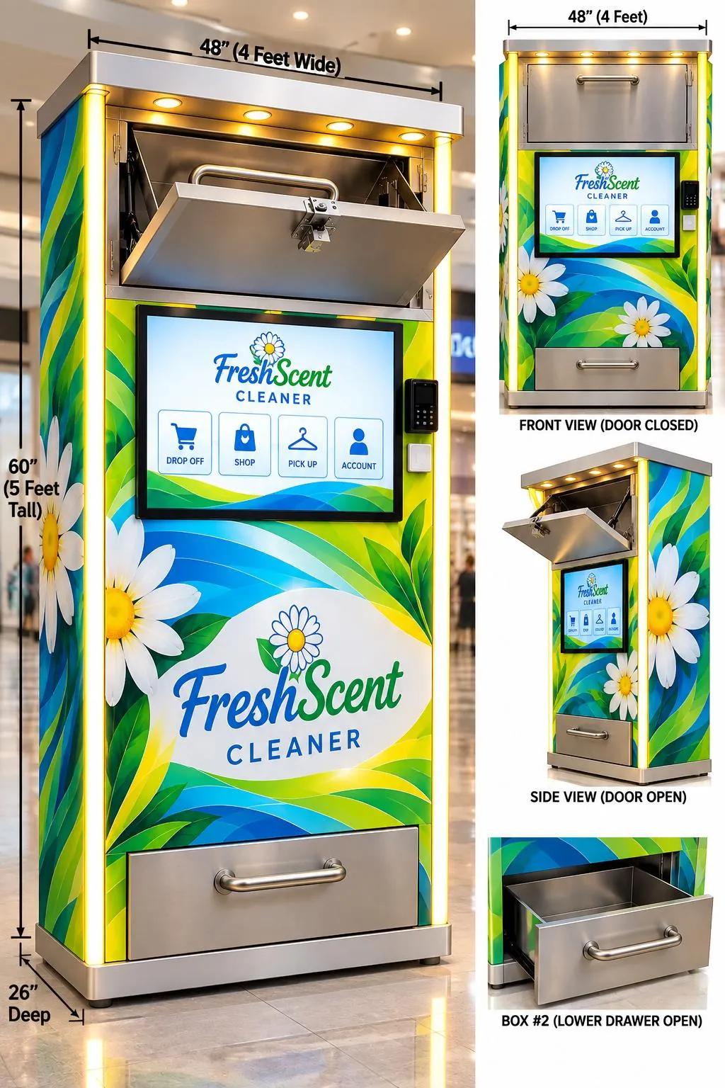 FreshScent Box shown 48 inches wide, 60 inches tall and 26 inches deep, with front, side and drawer views