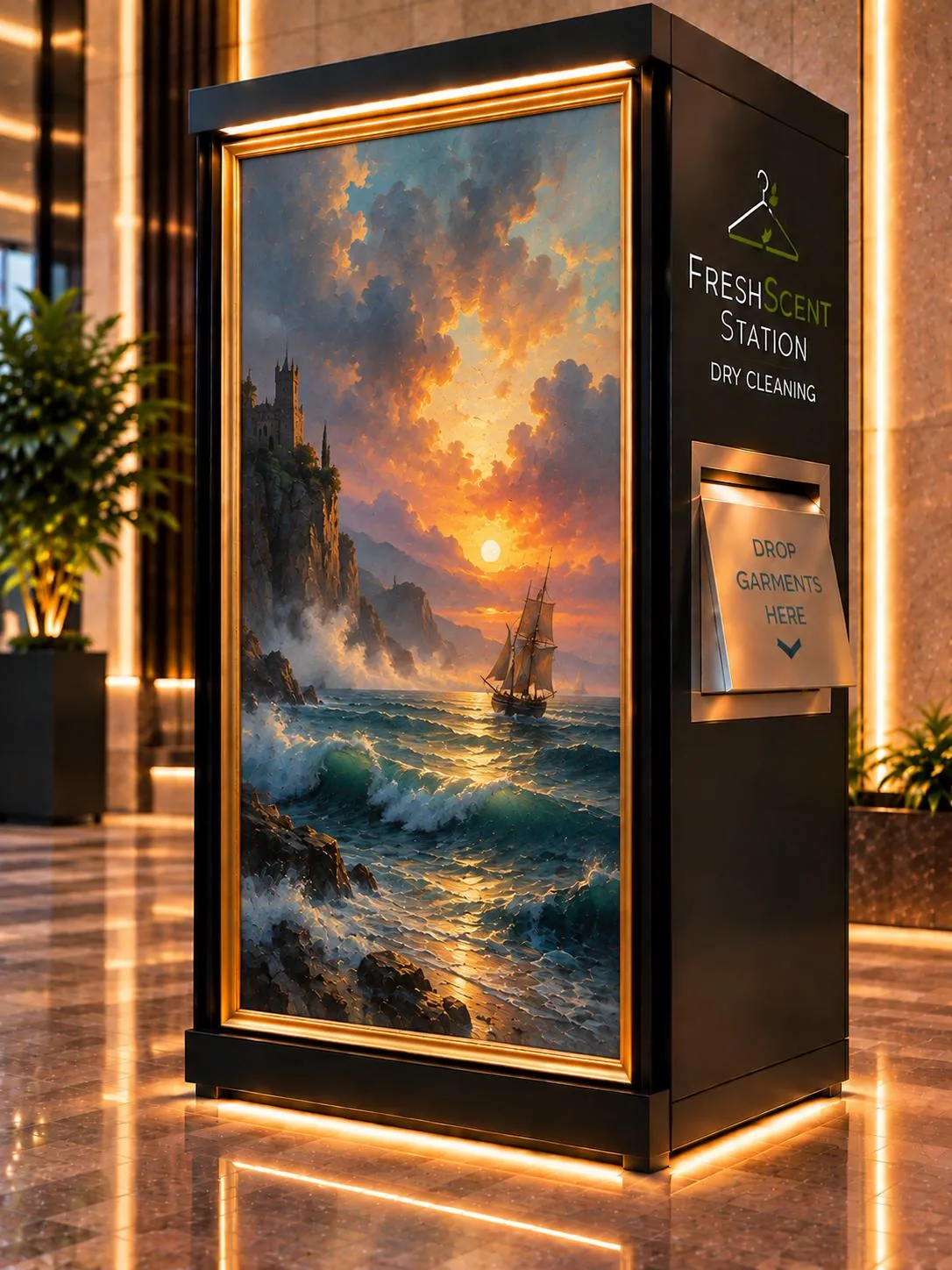 A FreshScent Station finished with a classic gold-framed oil-painted seascape at sunset