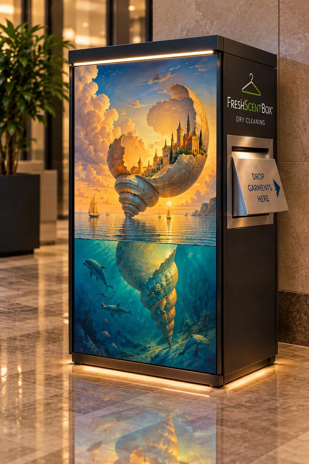 A FreshScent Station wrapped in a dreamlike coastal art print of a shell-shaped island