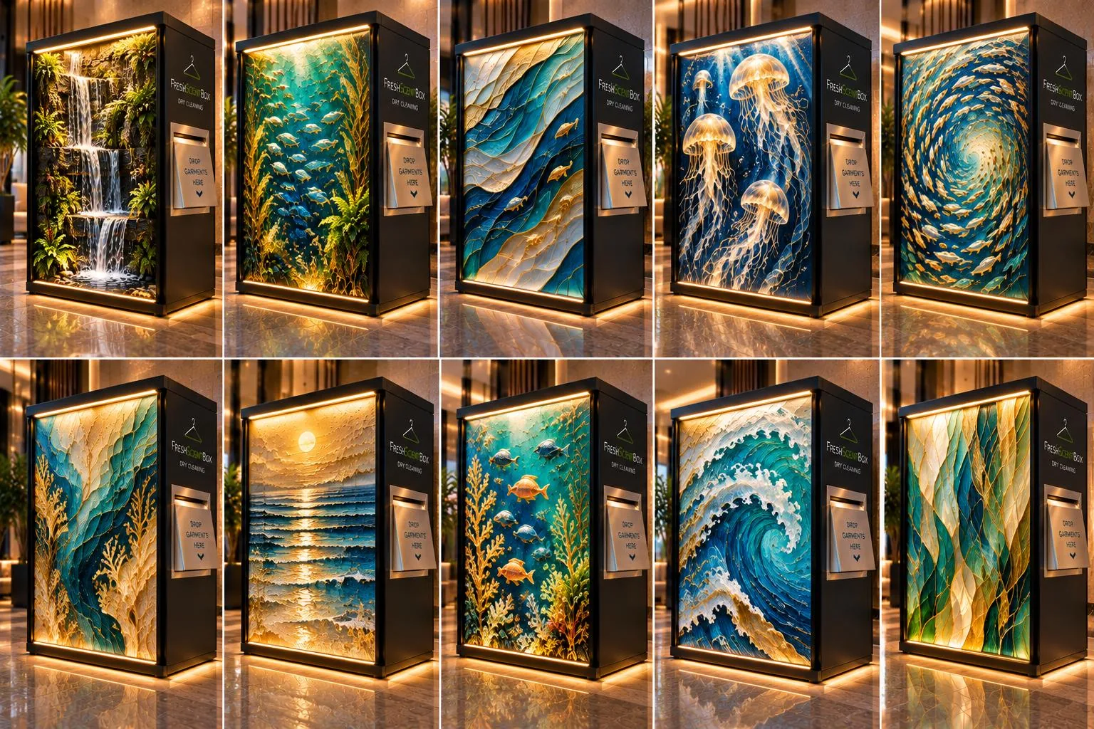 A grid of FreshScent Station designs, including waterfall, coral reef, jellyfish, whirlpool and wave finishes