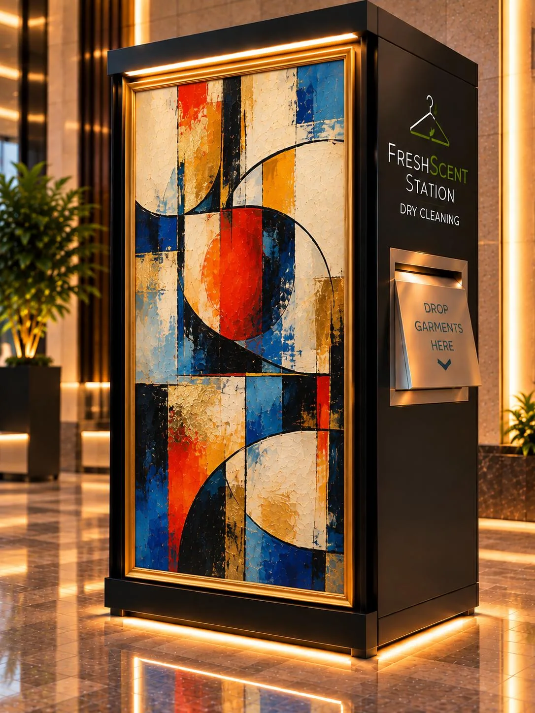 A FreshScent Station finished with a bold contemporary abstract painting in a gold frame