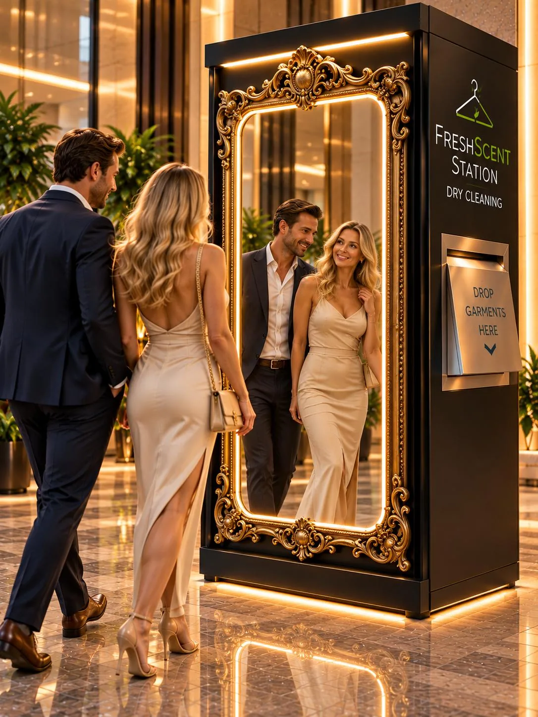A FreshScent Station finished as a full-length ornate mirror in a hotel lobby