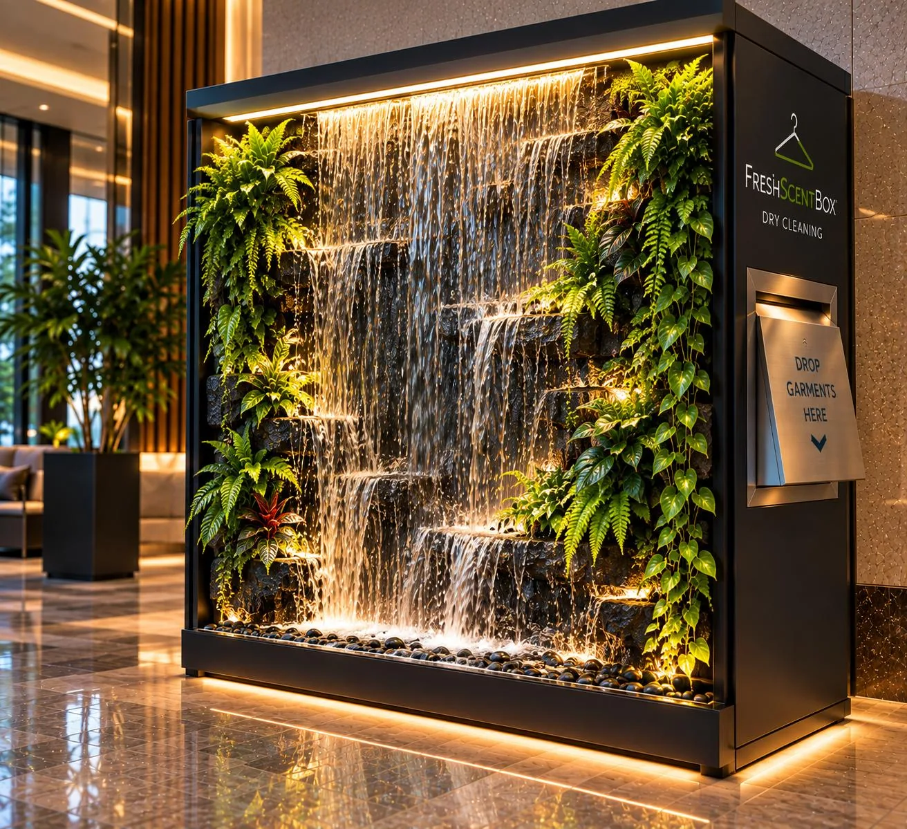 A FreshScent Station finished as a living waterfall wall, framed in stone and ferns