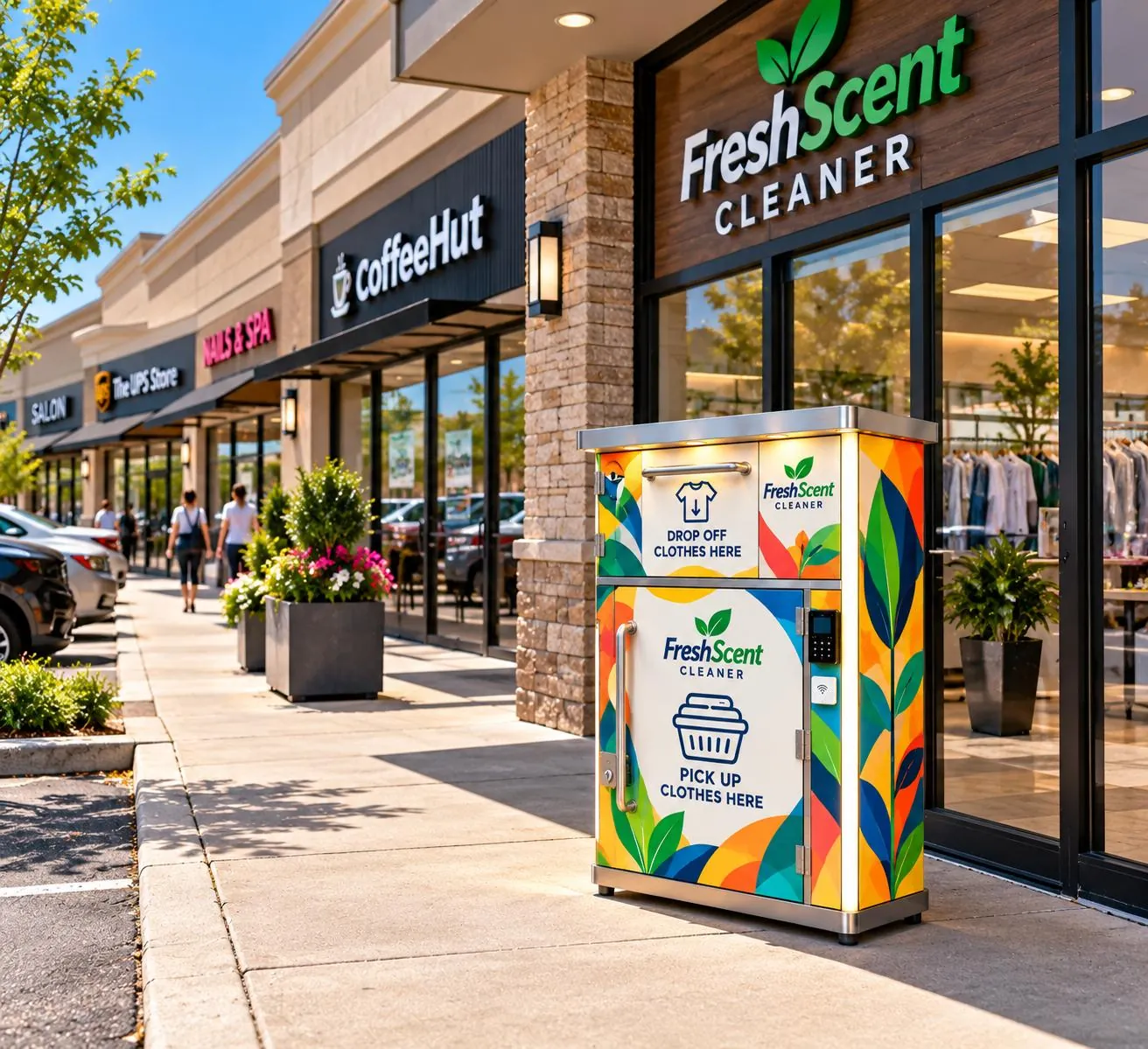 A FreshScent Box outside a row of shops